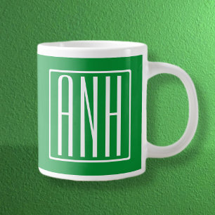 Caneca De Café Grande 3 Iniciais Monograma Verde e branco