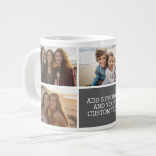 Caneca De Café Grande 5 Colagem de Fotos com Texto - Cinza Branco Minima