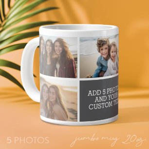 Caneca De Café Grande 5 Colagem de Fotos com Texto - Cinza Branco Minima