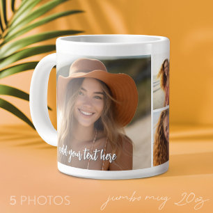 Caneca De Café Grande 5 Colagem de Fotos - Mod Minimalista com Texto de