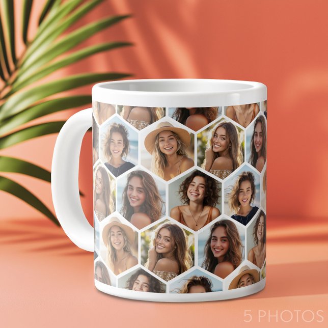 Caneca De Café Grande 5 Colagem Fotográfica Padrão de Honeycomb BE Doent (Custom Photo Collage Mug)