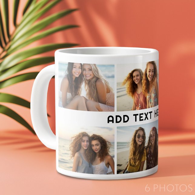 Caneca De Café Grande 6 Colagem de Fotos 1 Linha de Texto — CAN Edit Col (Custom Photo Collage Mug)