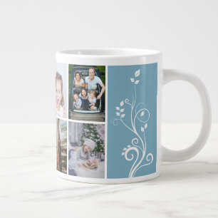 Caneca De Café Grande 6 Colagem de Fotos Folhagem Azul Natal Família