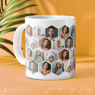 Caneca De Café Grande 6 Colagem de Fotos - padrão de favo de mel funky -