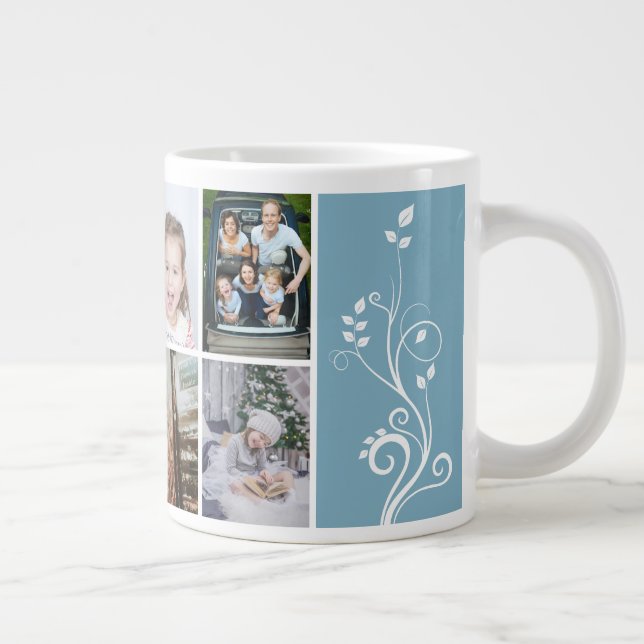 Caneca De Café Grande 6 Photo Collage Foliage Blue Christmas Family (Direita)