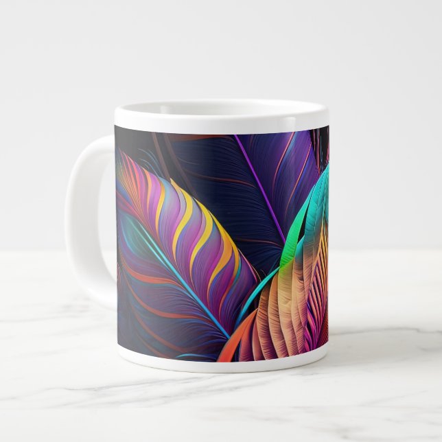 Caneca De Café Grande 70s 60s Psychedelic Feathers  (Frente Esquerda)