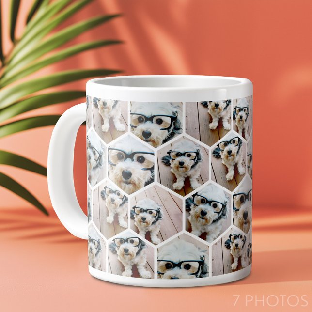 Caneca De Café Grande 7 Colagem de Fotos - padrão de hexágono funky (7 Photo Personalized Mug - funky honeycomb pattern)