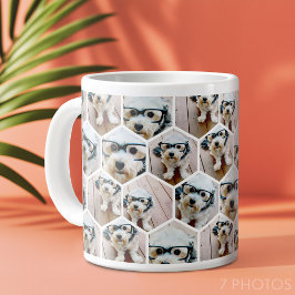 Caneca De Café Grande 7 Colagem de Fotos - padrão hexagonal funky