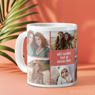 Caneca De Café Grande 8 Mínimo de Colagem de Fotos - Rosa e Grade Branca