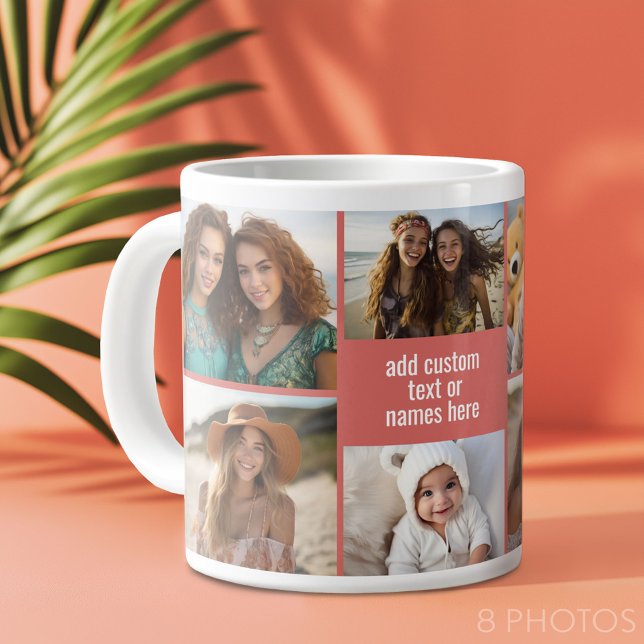 Caneca De Café Grande 8 Mínimo de Colagem de Fotos - Rosa e Grade Branca (Custom Photo Collage Mug)
