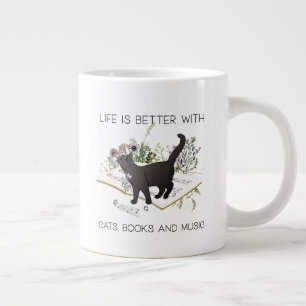 Caneca De Café Grande A vida é melhor com livros de gatos e música