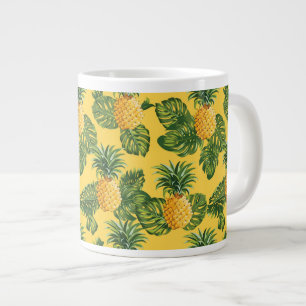 Caneca De Café Grande Abacaxis e Folhas Tropicais Em Dourado