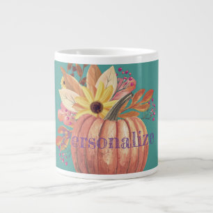 Caneca De Café Grande Abóbora-de-outono, laranja-e-lacete floral