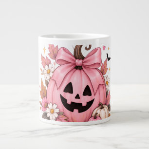 Caneca De Café Grande Abóbora Laço Rosa Coquete Halloween
