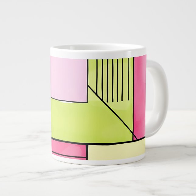 Caneca De Café Grande Abstrato de retalhos rosa e verde-limão (Frente Esquerda)
