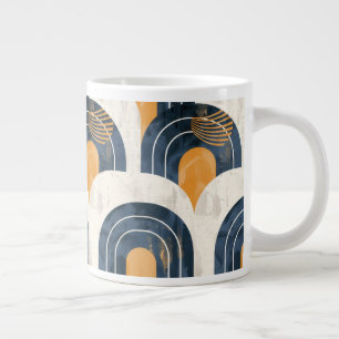 Caneca De Café Grande Abstrato Dourado Azul e Branco
