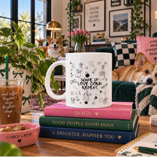 Caneca De Café Grande 'Acorde. Ame Corgi. Repita.' Alegre Preto Branco