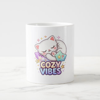 Caneca De Café Grande Adesivo de Gato Cozy Vibe | Gato Fofo Dormindo
