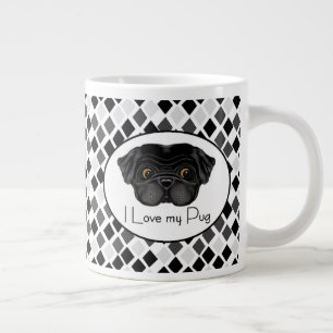 Caneca De Café Grande Adoro Meu Pug Preto Cote Black Pug and Love Cote