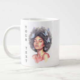 Caneca De Café Grande Afro Beauty with Butterflies – Watercolor Portrait