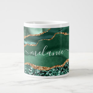 Caneca De Café Grande Agate Green Dourado Glitter Geode Marble Mug 