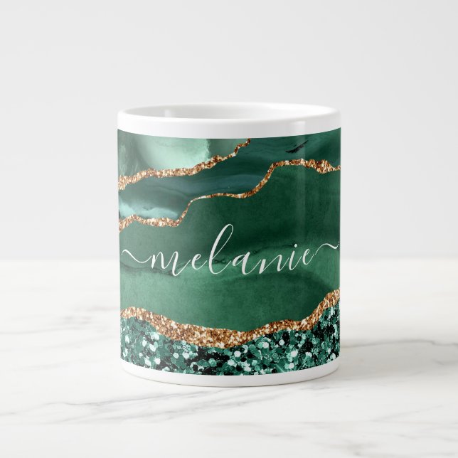 Caneca De Café Grande Agate Green Dourado Glitter Geode Marble Mug  (Frente)