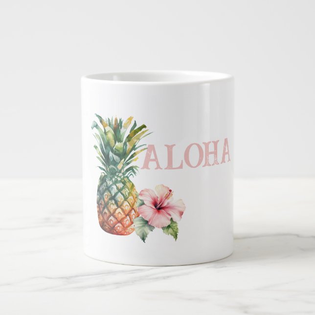 Caneca De Café Grande Aloha Hibisco Flor Abacaxi (Frente)