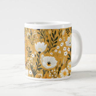 Caneca De Café Grande Amarelo Mostarda e Floral Botânico Branco