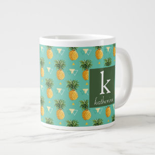 Caneca De Café Grande Ananases Brilhantes No Padrão Geométrico Monogram