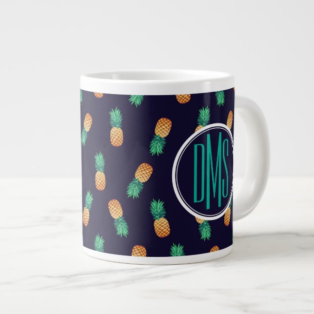 Caneca De Café Grande Ananases No Marinho| Monograma (Frente Esquerda)