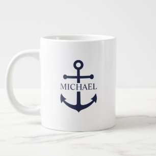 Caneca De Café Grande Âncora Personalizada Azul Marinho Náutico Nome