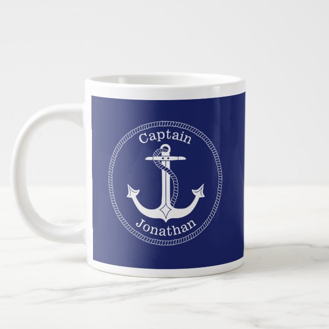 Caneca De Café Grande Ancoragem Náutica Capitão Monograma Nome Azul (Esquerda)
