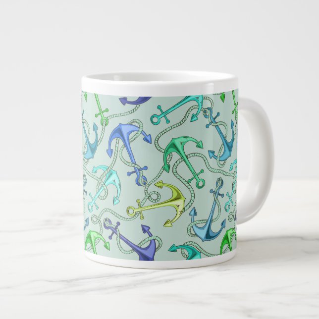 Caneca De Café Grande Âncoras Marítimas E Padrão De Corda (Frente Esquerda)