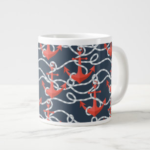 Caneca De Café Grande Âncoras Náuticas E Padrão De Corda
