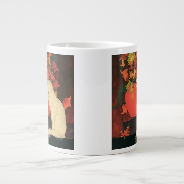 Caneca De Café Grande Animais Antigos, Gato Branco Elegante, Flores de O (Frente)