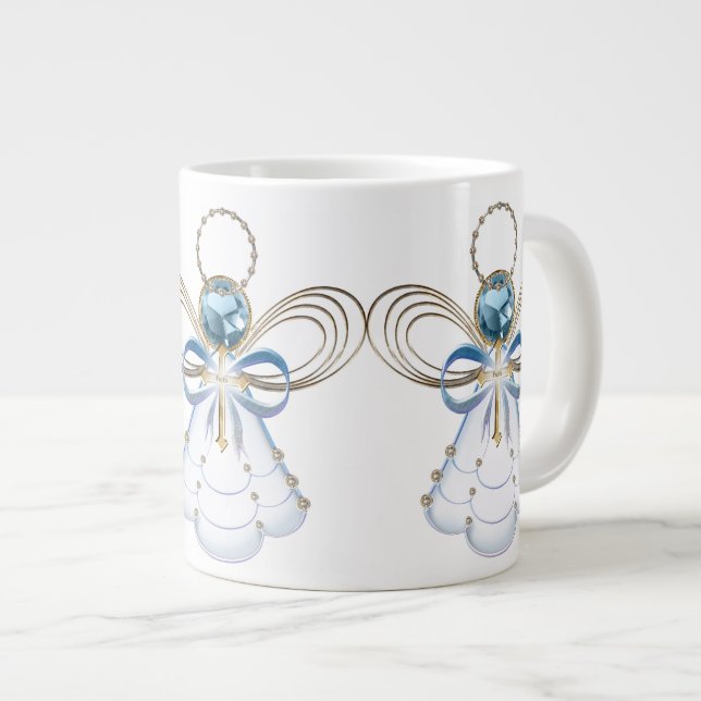 Caneca De Café Grande Anjo de Natal de Faith Elegante Azul Dourado (Frente Esquerda)