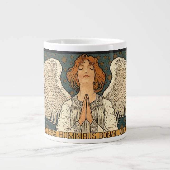 Caneca De Café Grande Anjo Religioso Antigo Rezando com Estrelas Dourada (Frente)