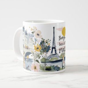 Caneca De Café Grande Aquarela Bonjour Belo Paris
