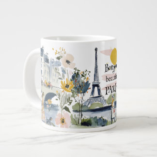 Caneca De Café Grande Aquarela Bonjour Belo Paris