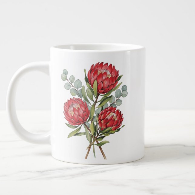 Caneca De Café Grande Aquarela do Buquê de Protea Carmesim (Esquerda)