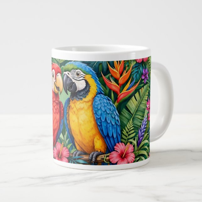 Caneca De Café Grande Araras da Selva Papagaios Alegres Flores Vibrantes (Frente Esquerda)