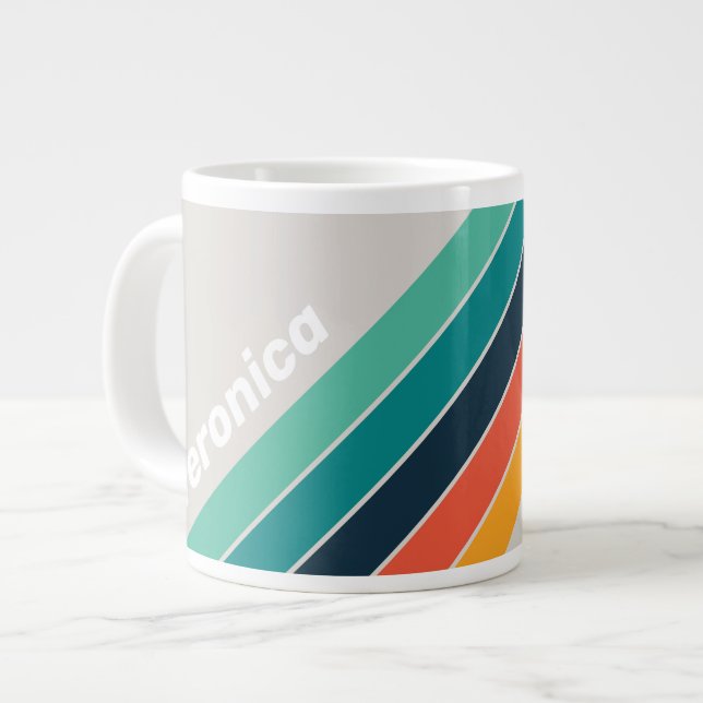 Caneca De Café Grande Arco-íris Listrado Oceano Retrô com Nome (Frente Esquerda)