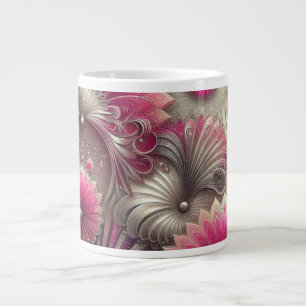 Caneca De Café Grande Art Nouveau Ventiladores rosa e prateados