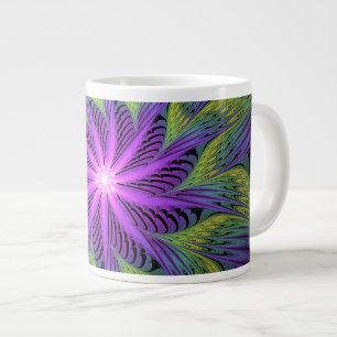 Caneca De Café Grande Arte abstrata fractal moderna flor roxa verde