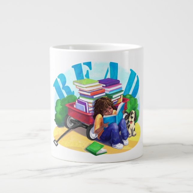 Caneca De Café Grande Arte da Carroça de Livros READ (Frente)