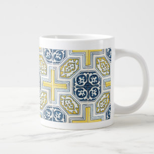 Caneca De Café Grande Arte de Azulejo Geométrico Falso Amarelo Azul