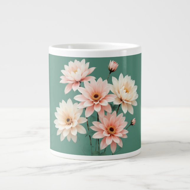 Caneca De Café Grande Arte de Crisântemo Elegante Bege (Frente)