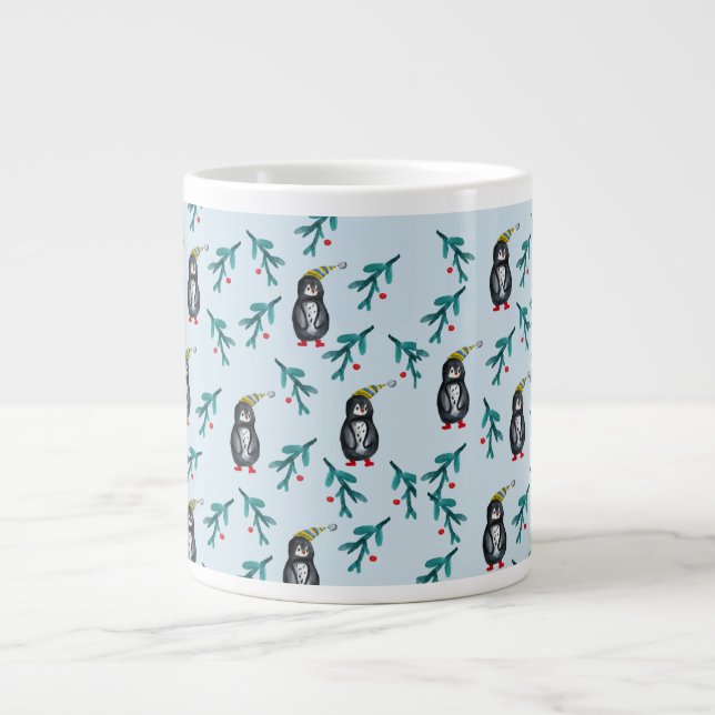 Caneca De Café Grande Arte de Natal de Pinguins (Frente)