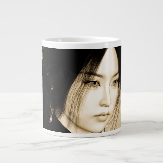 Caneca De Café Grande Arte de Retrato de Mulher Asiática Vintage (Frente)