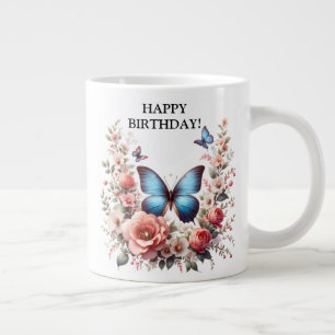 Caneca De Café Grande Arte Floral de Borboleta Azul Personalizável-96279